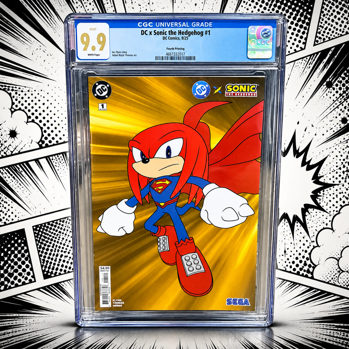 DC x Sonic the Hedgehog #1 (Fourth Printing, 2025) featuring Knuckles dressed in a Superman-inspired suit with art by Adam Bryce Thomas, graded CGC 9.9